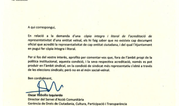 Carta oficial en la que el Ayuntamiento reconoce que no existe el documento 