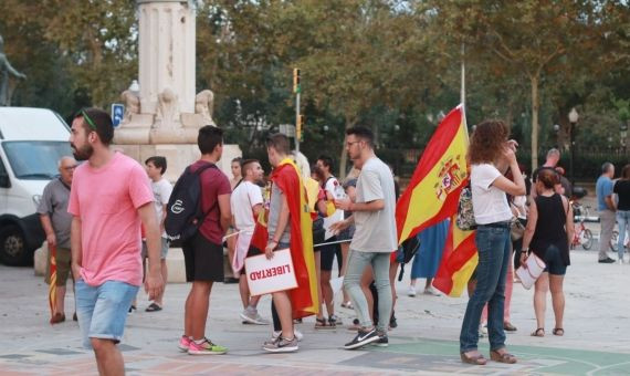 Manifestantes con banderas españolas / HUGO FERNÁNDEZ