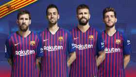 Leo Messi, Sergio Busquets, Gerard Piqué y Sergi Roberto, los cuatro capitanes del Barça de la temporada 2018-19 / FCB