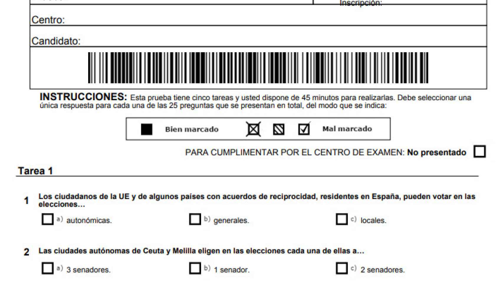 Modelo de prueba CCSE del Instituto Cervantes para la nacionalidad española