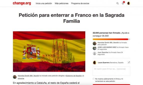 En el portal change.org se puede encontrar la petición de que Franco se entierre en la Sagrada Família