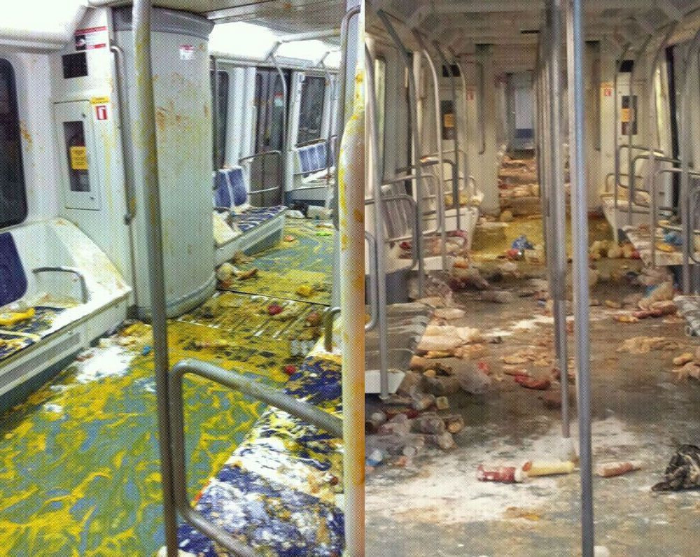 Vagones del metro de BCN tras una guerra de huevos