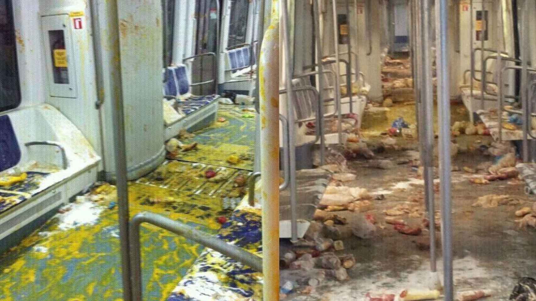 Dos vagones del metro de Barcelona en un estado deplorable, tras el lanzamiento de huevos, mostaza y otros productos