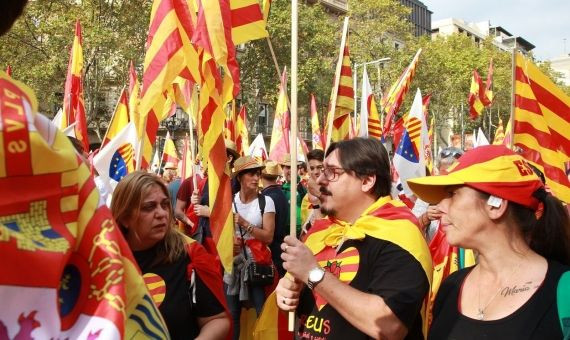 Banderas españolas y catalanas, juntas / HUGO FERNÁNDEZ