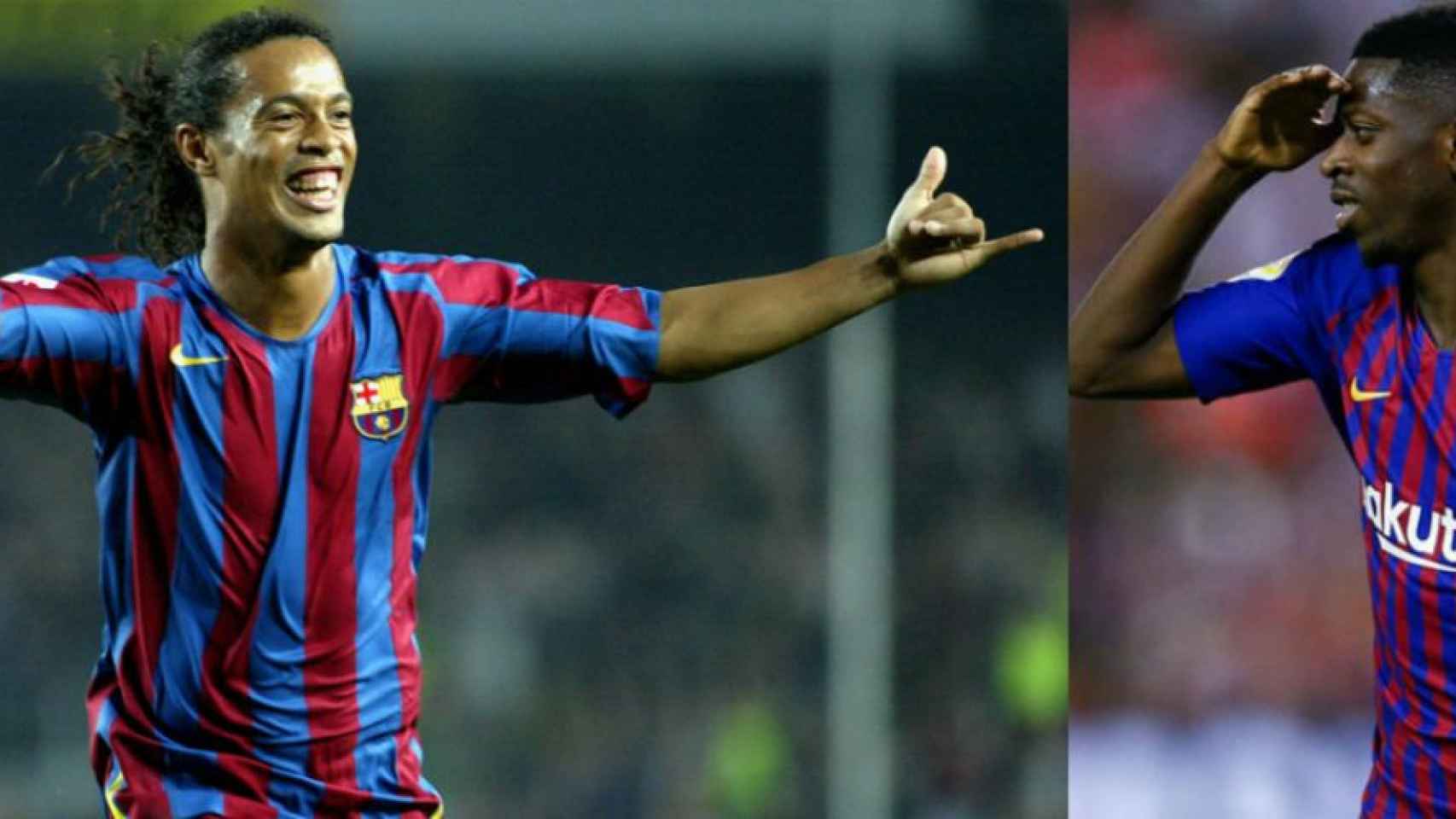 Ronaldinho y Dembéle, ex jugador y actual futbolista del Barça