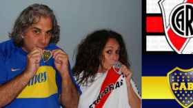 Sergio y Fernanda besan las camisetas de Boca y River, respectivamente