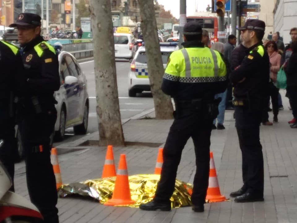 Guardias urbanos, junto al perro muerto, tapado con una manta / Facebook Adri.Vendrell