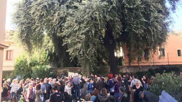 Los vecinos reunidos alrededor de la encina en la calle Encarnació