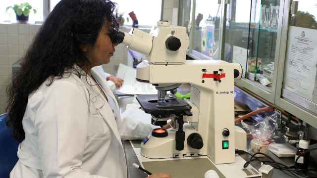 Una mujer observa a través de un microscopio en un laboratorio.