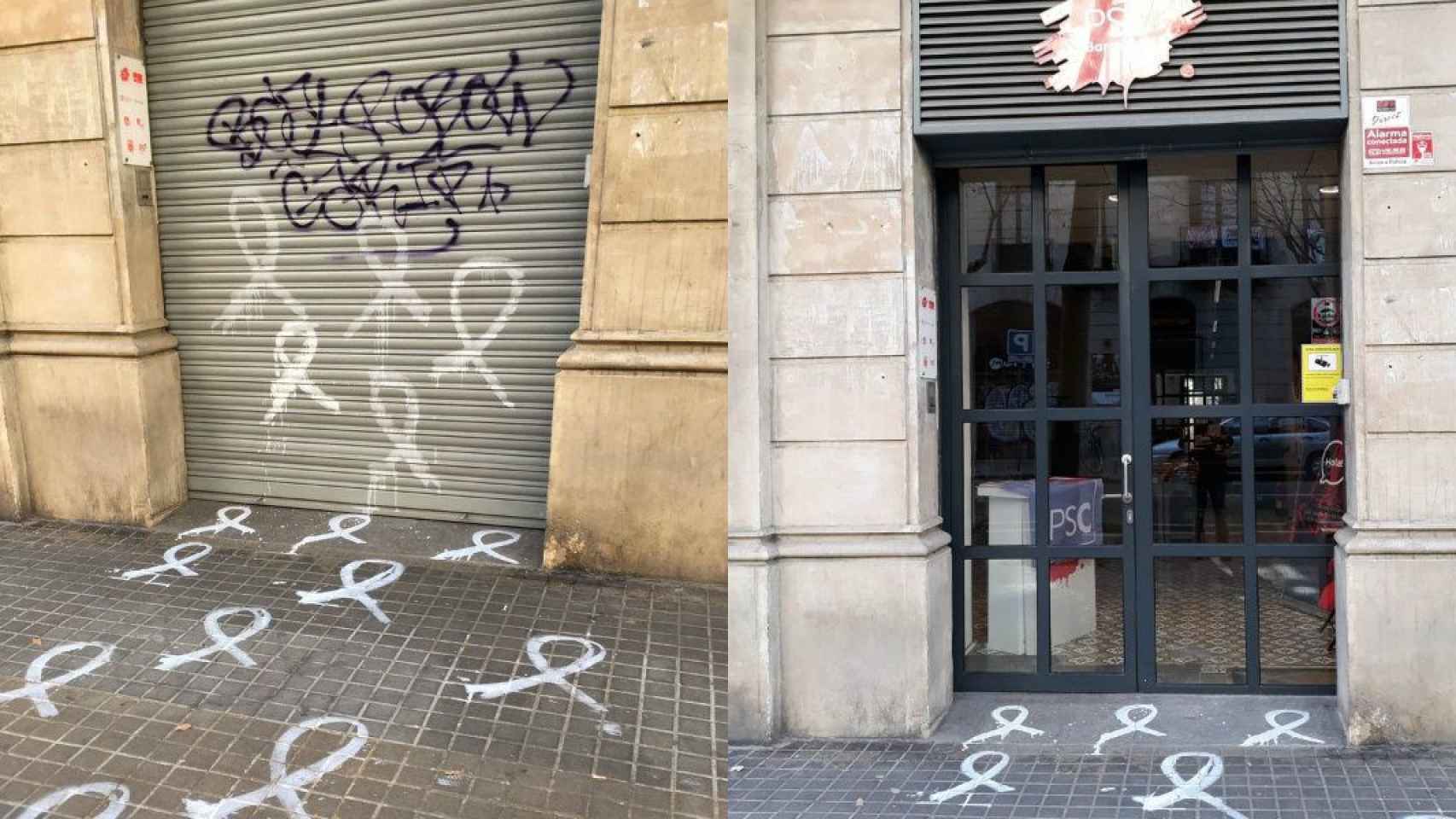 Una sede del PSC de Barcelona aparece pintada con lazos blancos / PSC