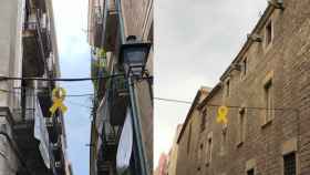 Dos calles de Ciutat Vella con lazos amarillos colgando del cableado urbano