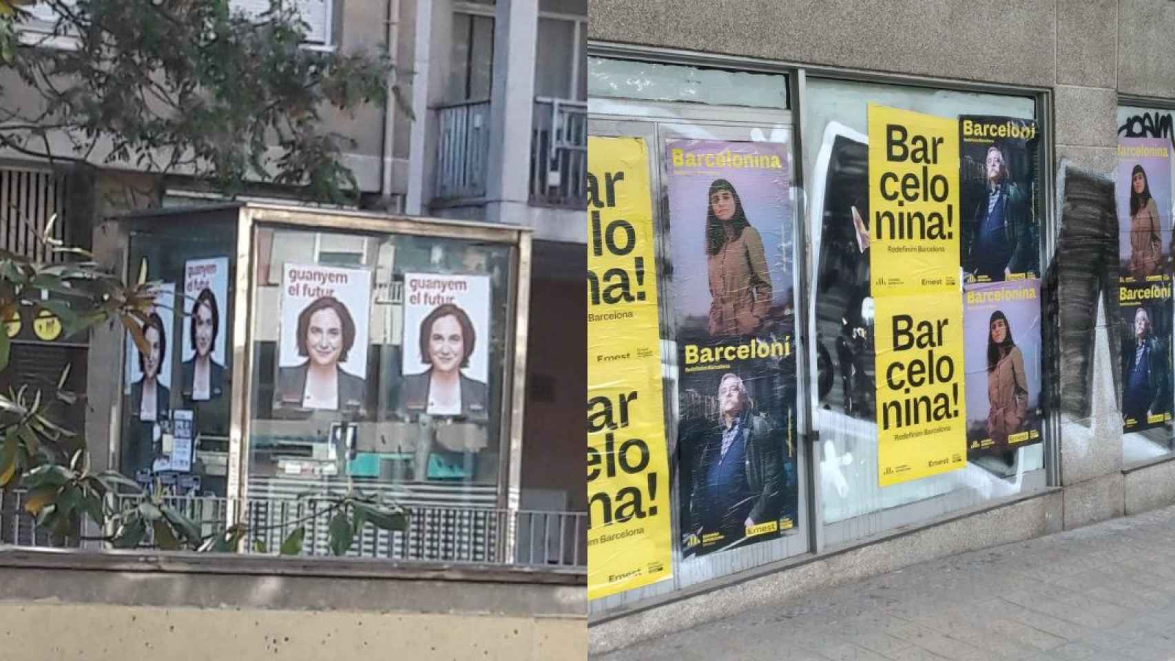 Dos carteles con propaganda electoral de Colau y Maragall fuera de normativa / MARIBEL SÁNCHEZ-JORDI SUBIRANA