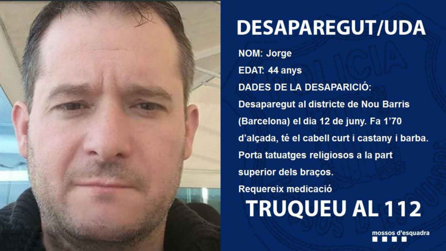 Fotografía del hombre desaparecido en Nou Barris / @mossos