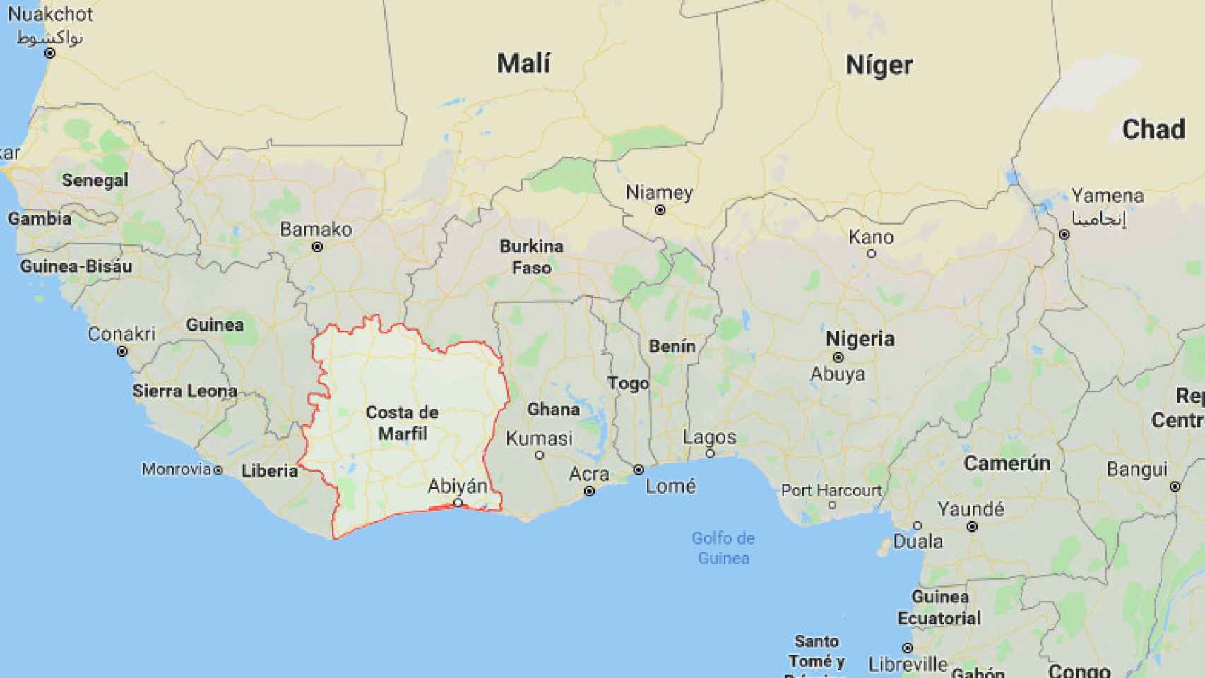 Costa de Marfil, ubicada entre Ghana y Liberia