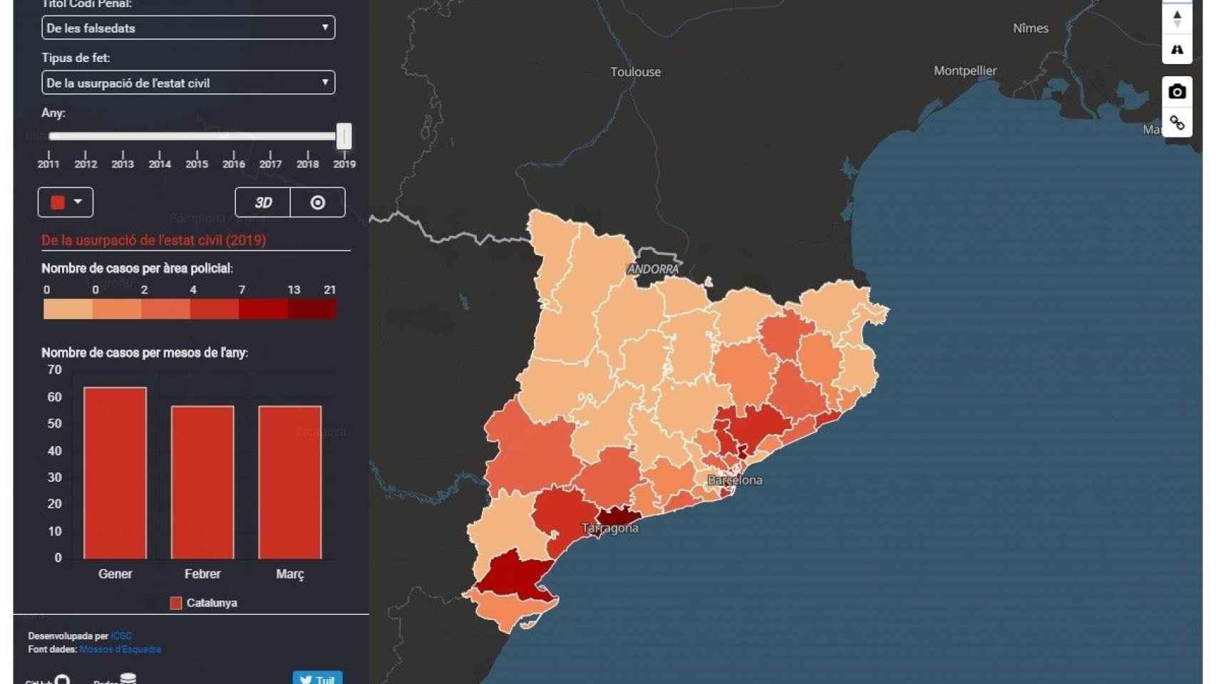 Mapa interactivo que muestra los delitos registrados en Barcelona creado por los Mossos d’Esquadra junto al Instituto Cartogràfic y Geològic de Catalunya