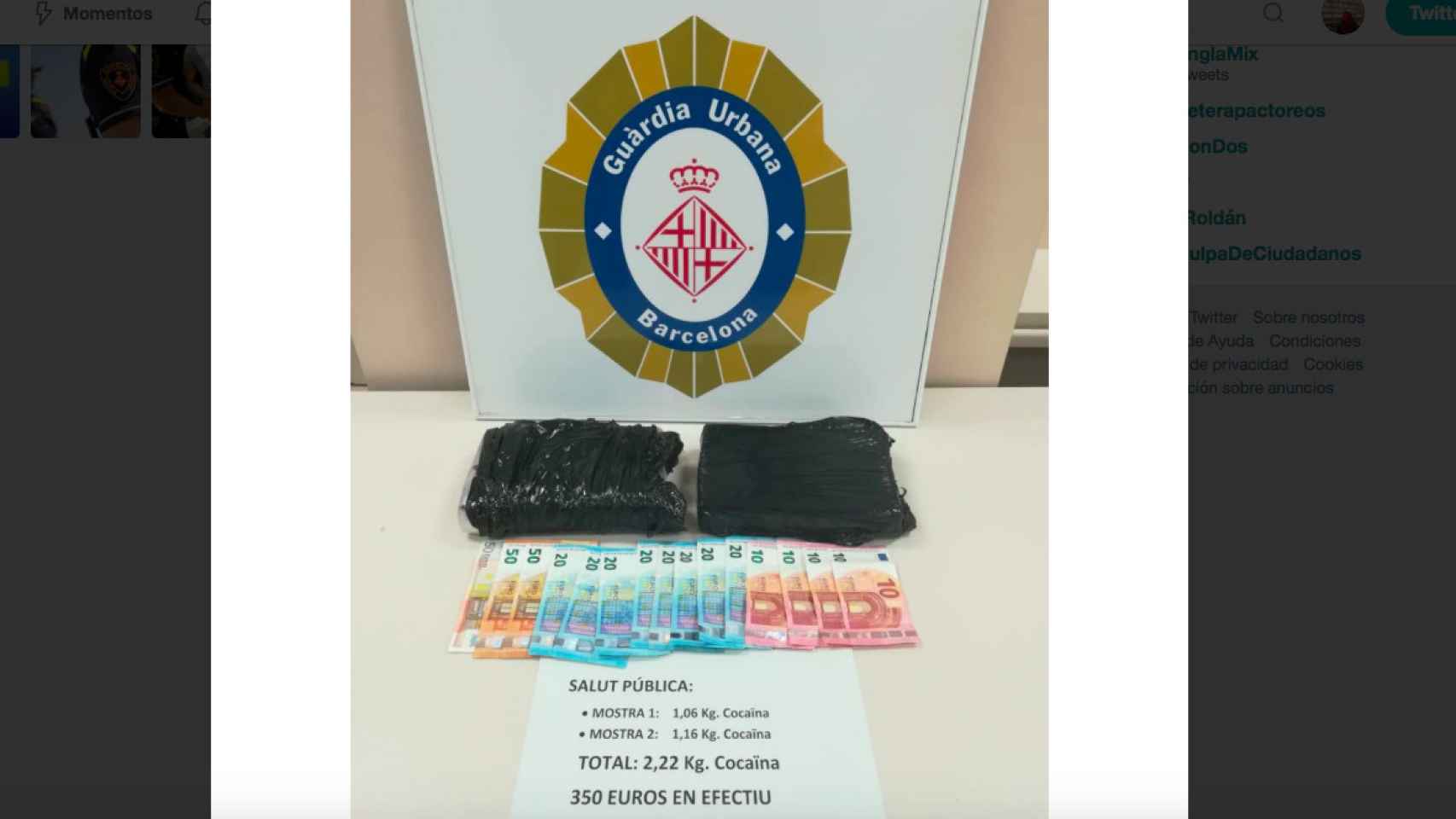 La Guardia Urbana incautó 2,2 kilogramos de cocaína y 350 euros en efectivo / GU