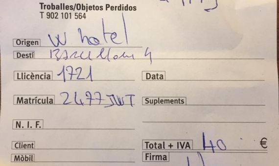 La factura de 40 euros por diez minutos de taxi entre los hoteles W Barcelona y Barcelona 4 / CG