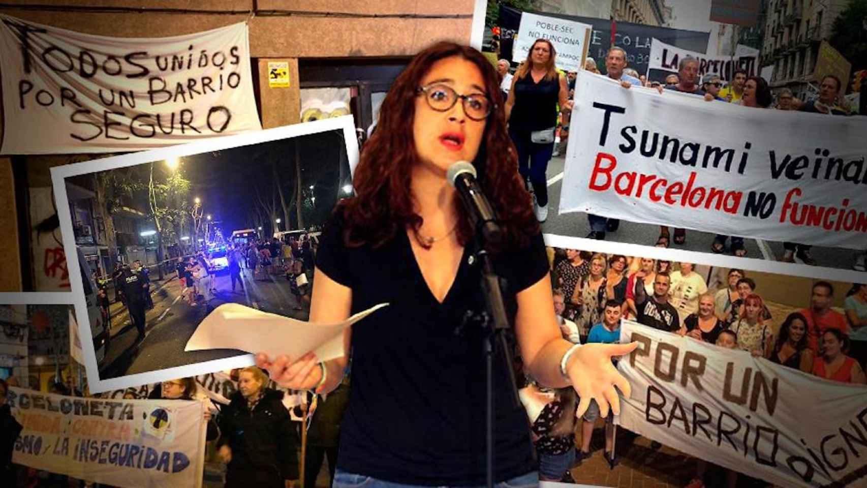 Laura Pérez, concejal de Barcelona en Comú en el Ayuntamiento de Barcelona, ante grupos vecinales protestando por la inseguridad en los barrios de Barcelona / CG