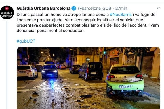El 'tweet' sobre el conductor que se dio la fuga tras un atropello en Nou Barris / @BARCELONA_GUB