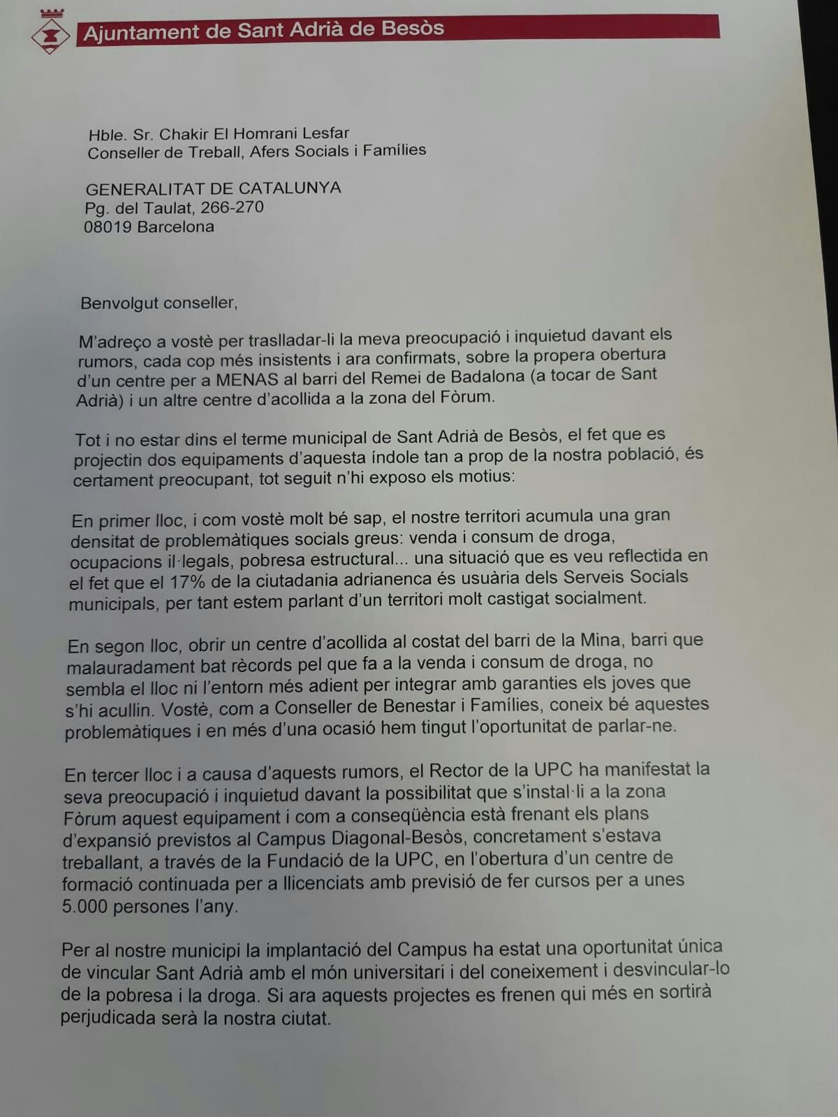 Carta del alcalde de Sant Adrià, Joan Callau