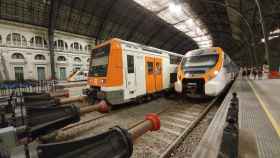 Dos trenes de Rodalies de Catalunya estacionados en una estación