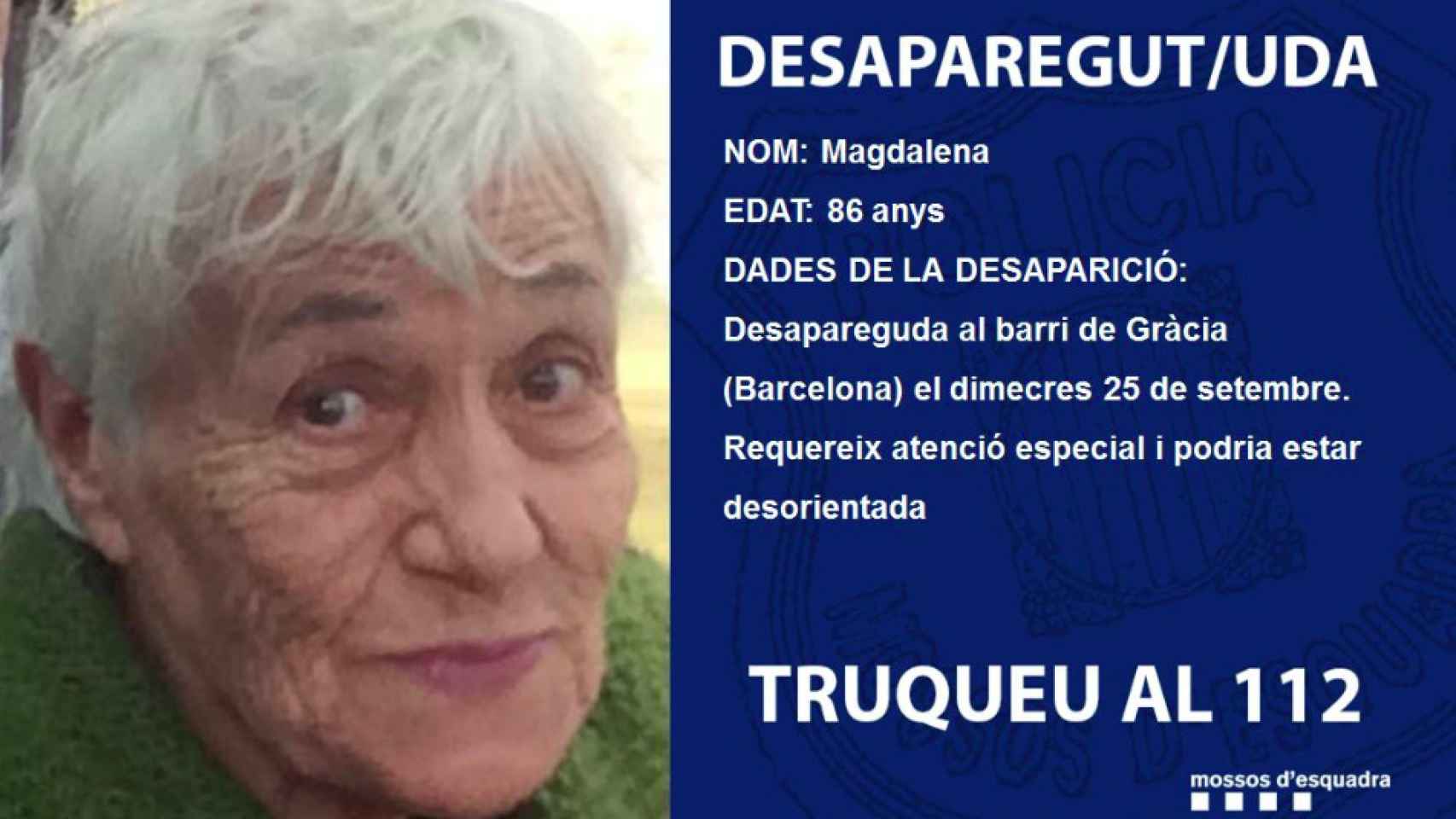 Los Mossos buscan a una anciana desaparecida en Barcelona