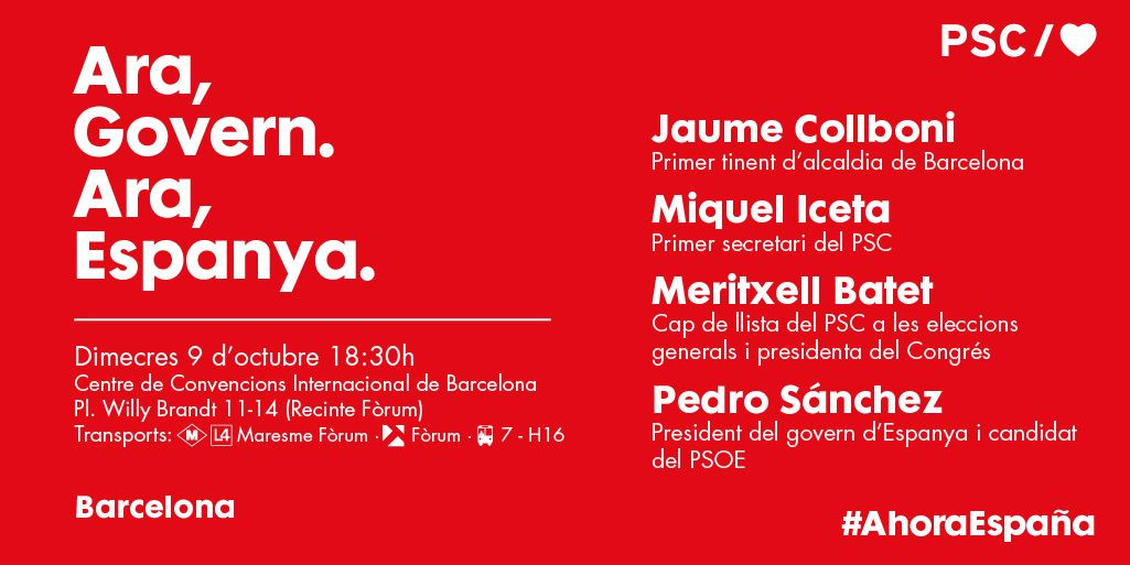 Cartel del acto de Pedro Sánchez el 9 de octubre en Barcelona / PSC