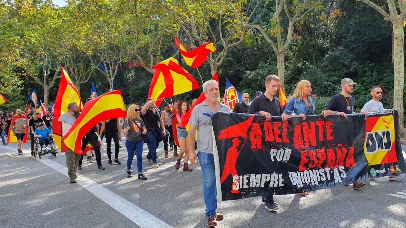 Grupos fascistas subiendo a la plaza Sant Jordi de Montjuïc para quemar las esteladas / DEMOCRACIA NACIONAL TWITTER