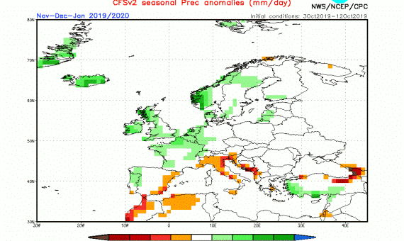 Anomalia de precipitación prevista por el modelo estacional de la NOAA