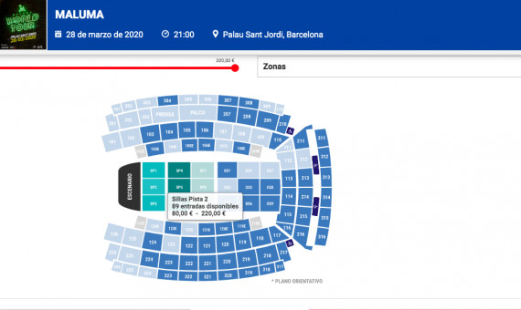 Captura de pantalla de los precios de las entradas de Maluma en primera línea / TICKET MASTER