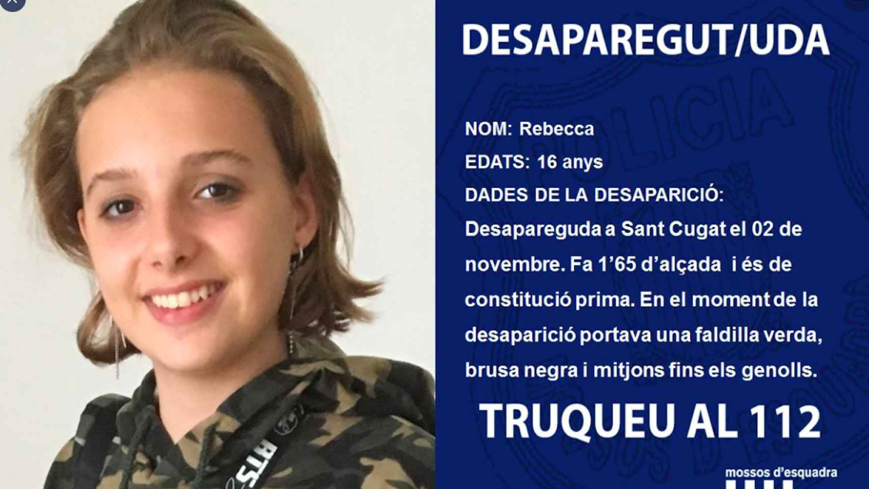 Descripción de Rebecca, la menor de 16 años desaparecida que ha puesto en alarma a los Mossos d'Esquadra / MOSSOS D'ESQUADRA