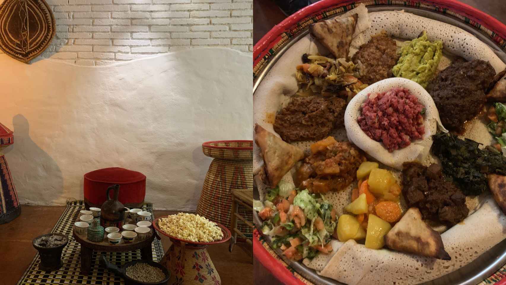 Interior y uno de los platos del restaurante etíope Abissínia de Gràcia / VM