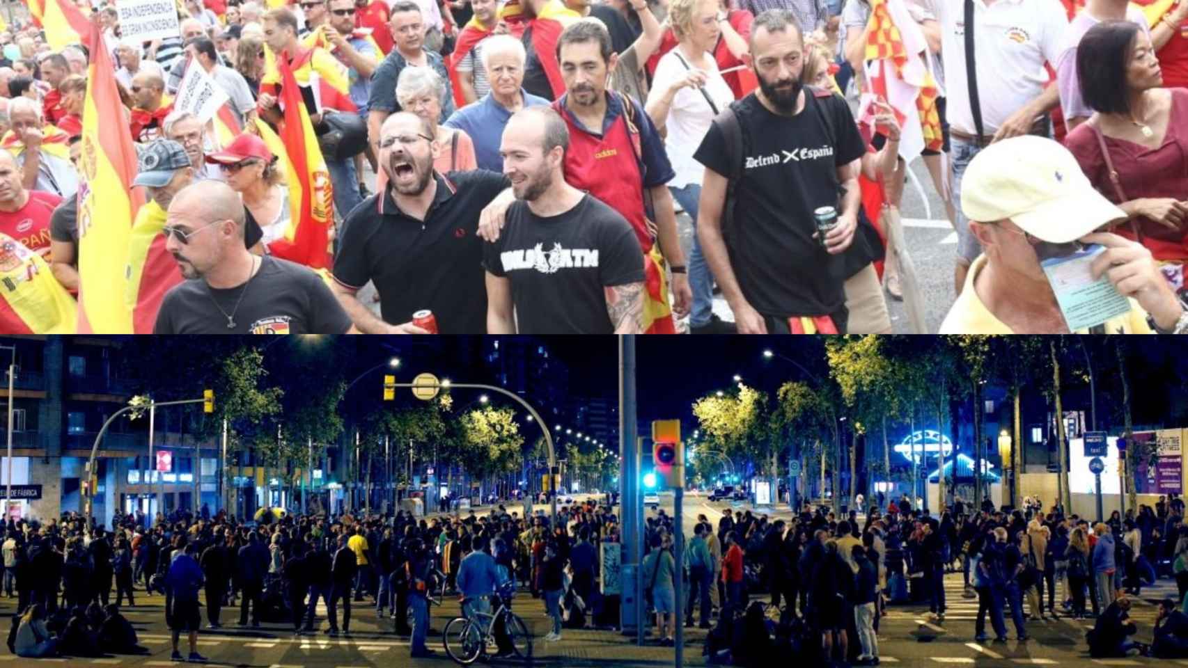 Fotomontaje de dos concentraciones de signo contrario: en la parte superior de la imagen colectivos ultras favorables a la unión de España y en la inferior un corte de los