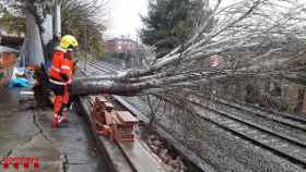 Un bombero atiende una incidencia de un árbol caído sobre la vía del tren durante el temporal 'Gloria' / BOMBERS DE LA GENERALITAT