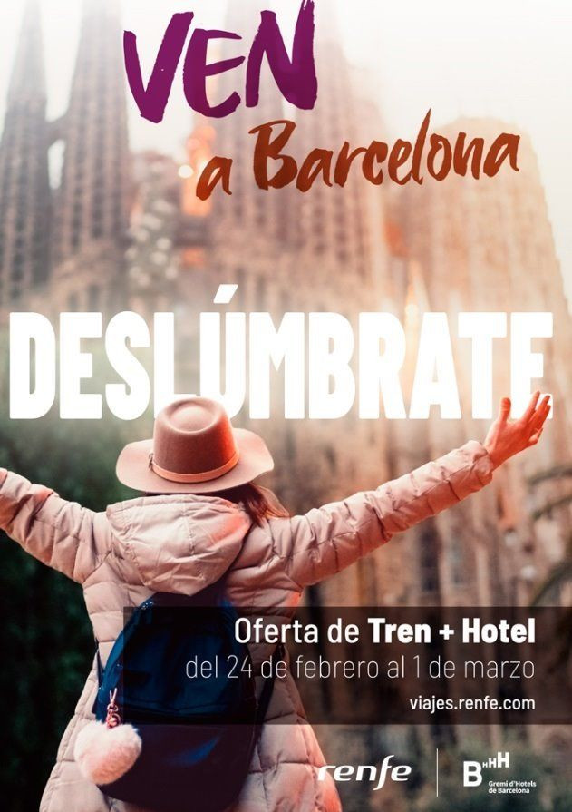 Cartel promocional de la superoferta de tren y hotel en Barcelona