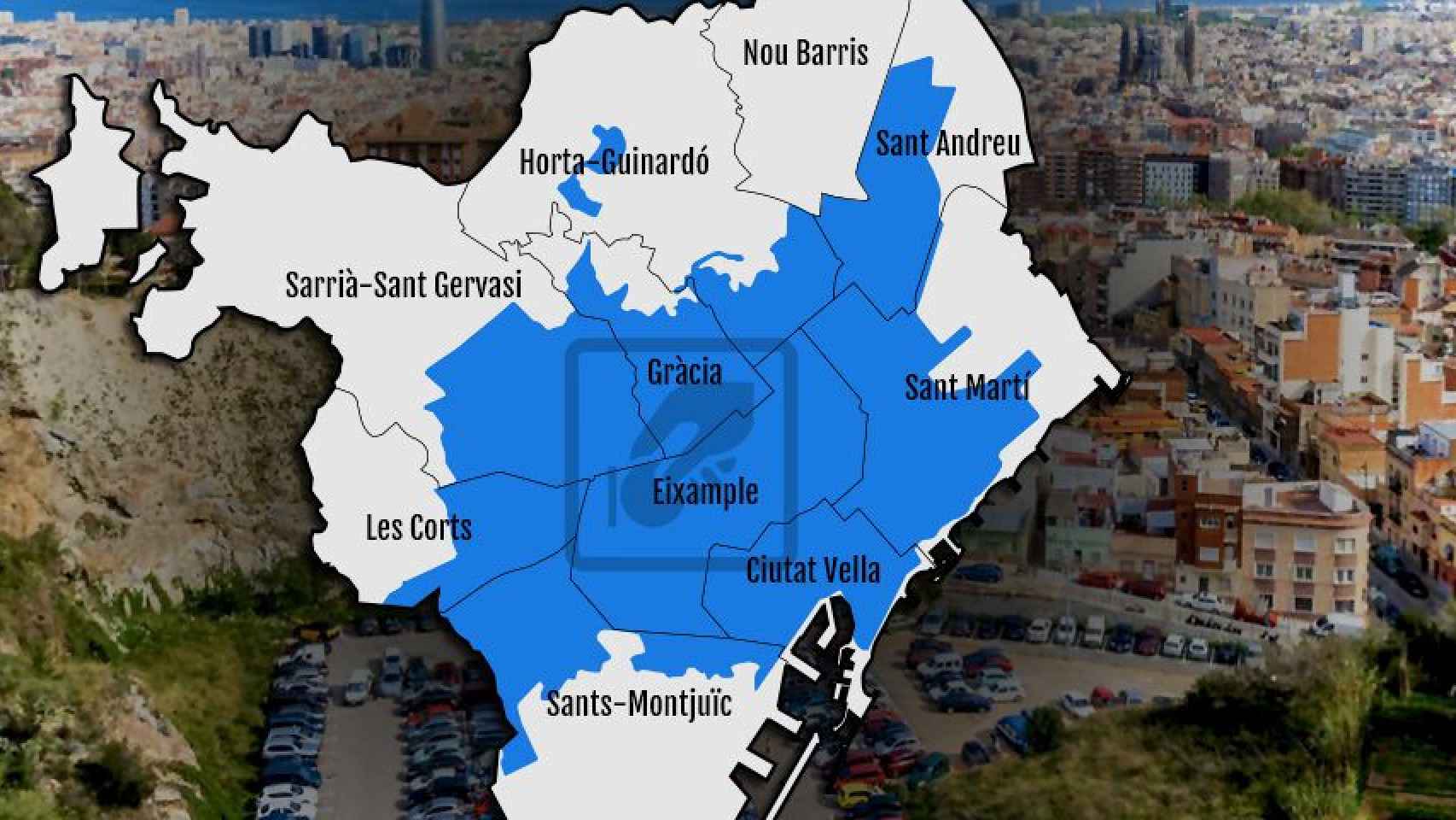 Mapa de Barcelona con las zonas de aparcamiento de pago destacadas