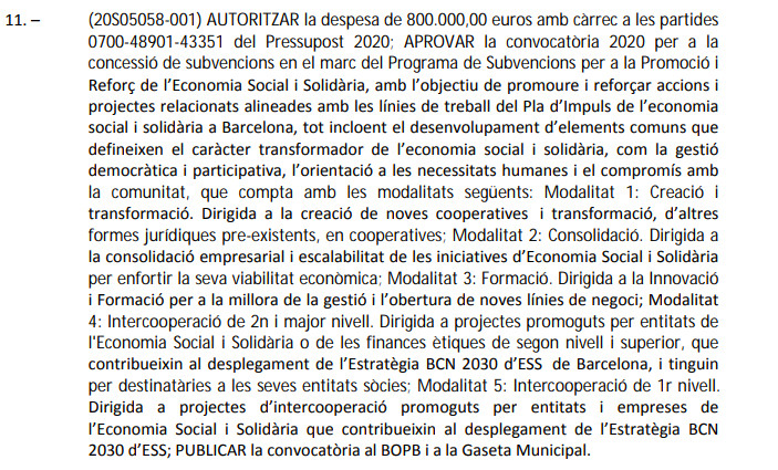 Texto aprobado de la subvención a las cooperativas / AYUNTAMIENTO DE BARCELONA