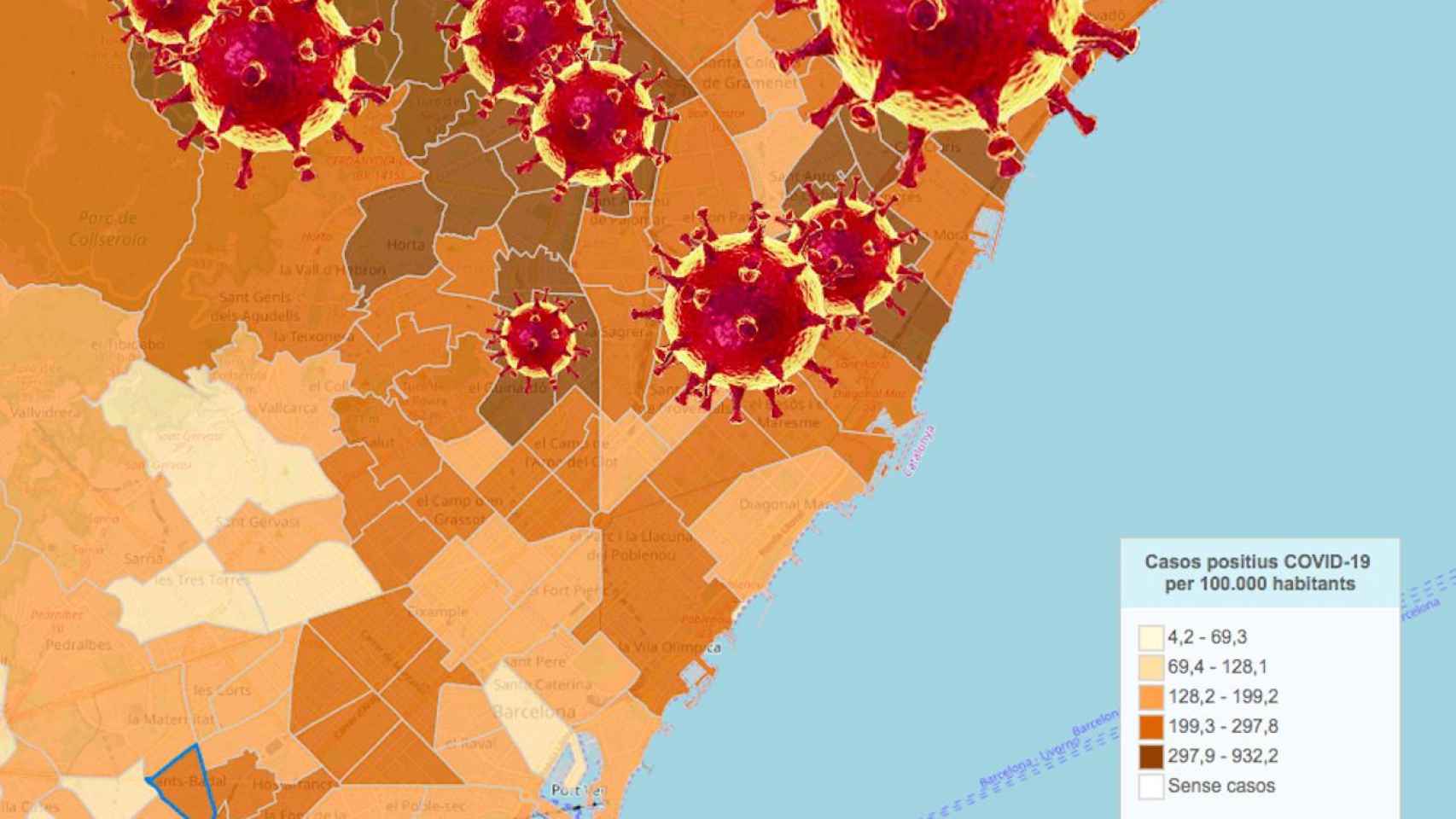 Fotomontaje del mapa de algunos de los barrios con más contagios por coronavirus de Barcelona / METRÓPOLI ABIERTA