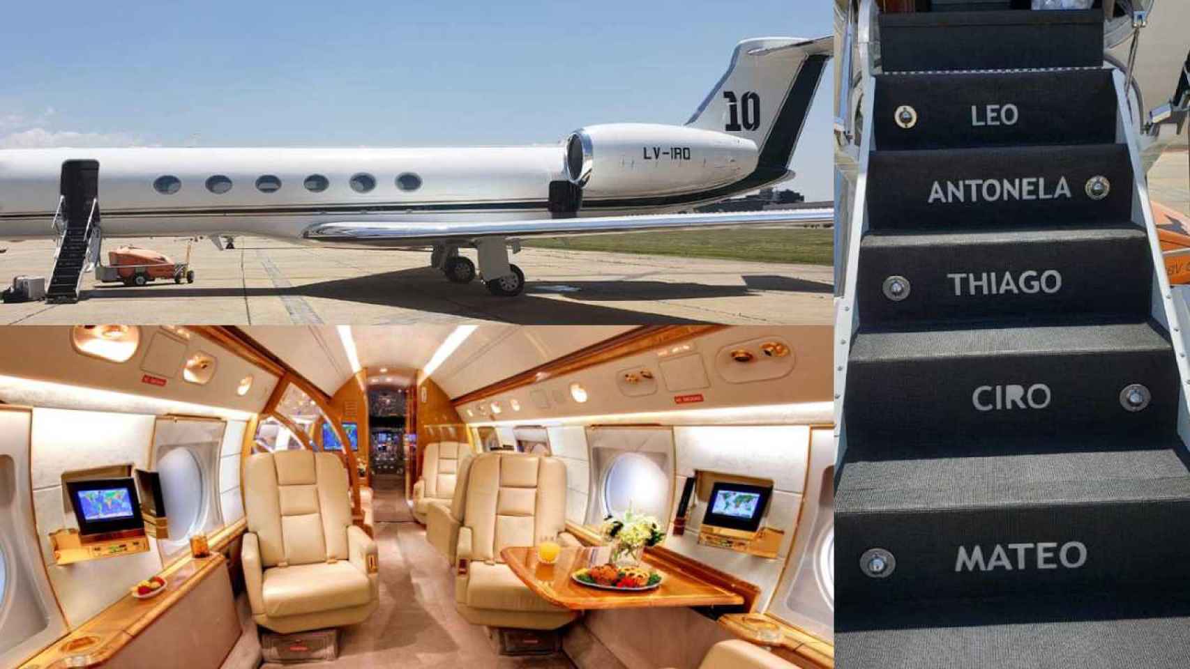 Collage del interior y exterior del jet privado que utiliza normalmente Leo Messi