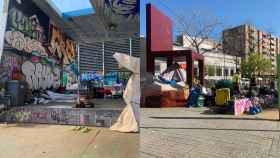 Fotomontaje de dos de las okupaciones de los sintecho en los jardines del barrio del Poble-sec / V.M.