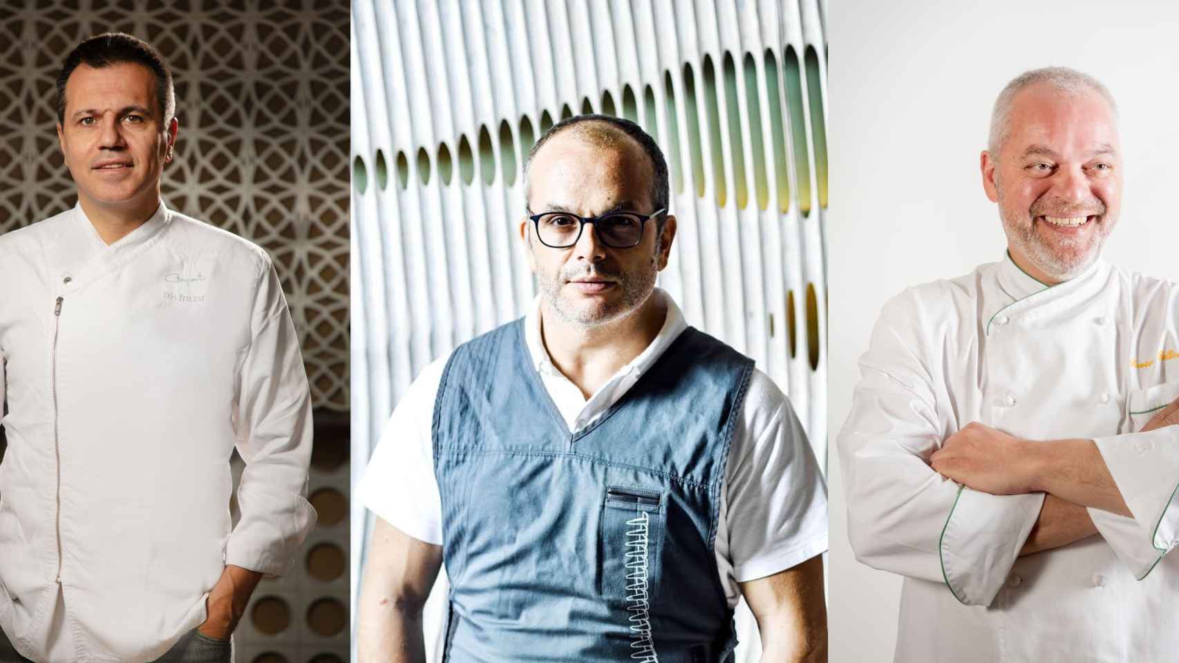 De izquierda a derecha: Oriol Castro, Jordi Vila y Xavier Pellicer, los tres chefs de Barcelona que compartirán sus recetas con 'Metrópoli Abierta'