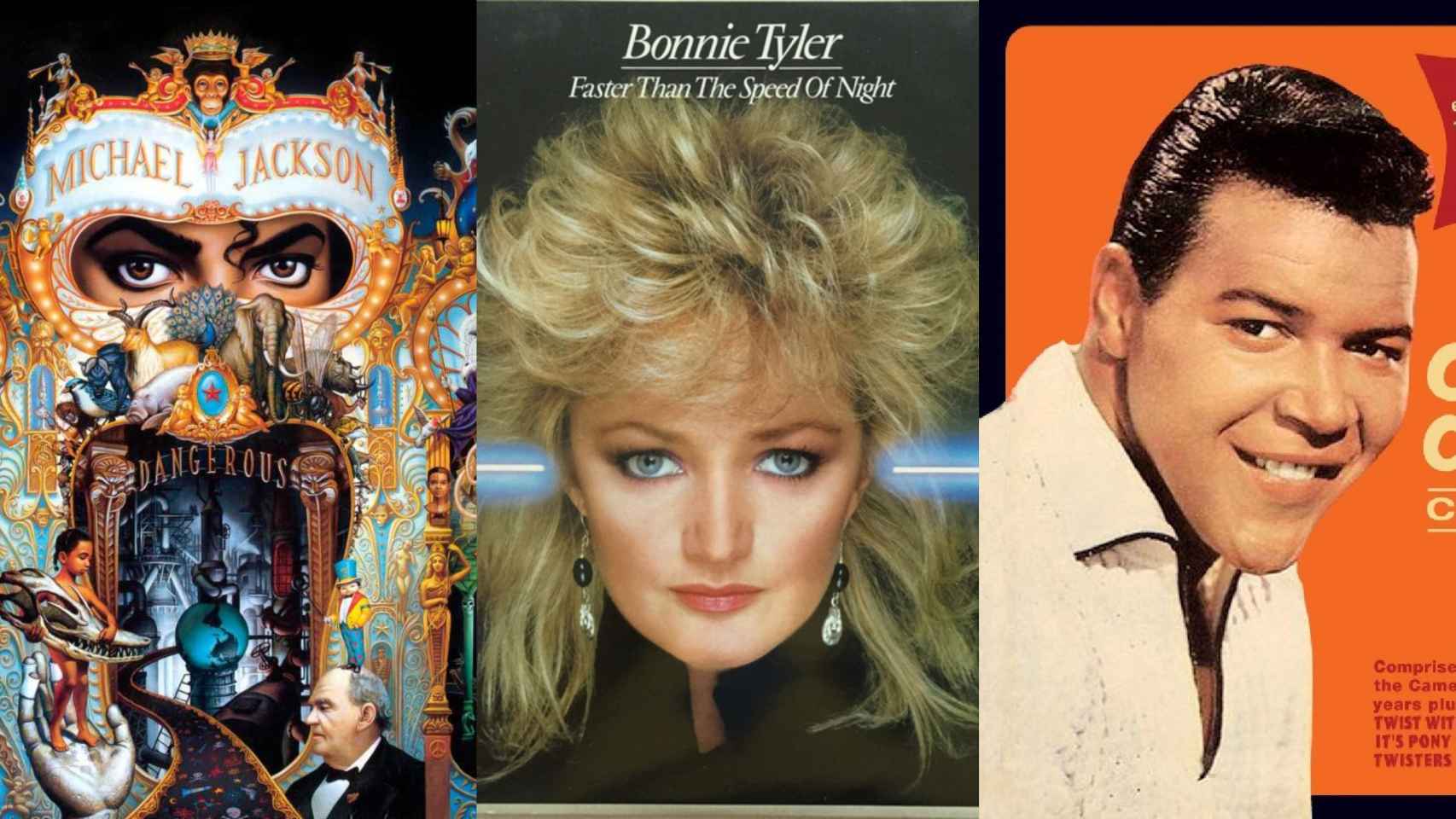 Portadas de discos de Michael Jackson, Bonnie Tyler y Chuby Checker, que contienen algunas de las canciones que triunfaban en el año que naciste / BMAGAZINE