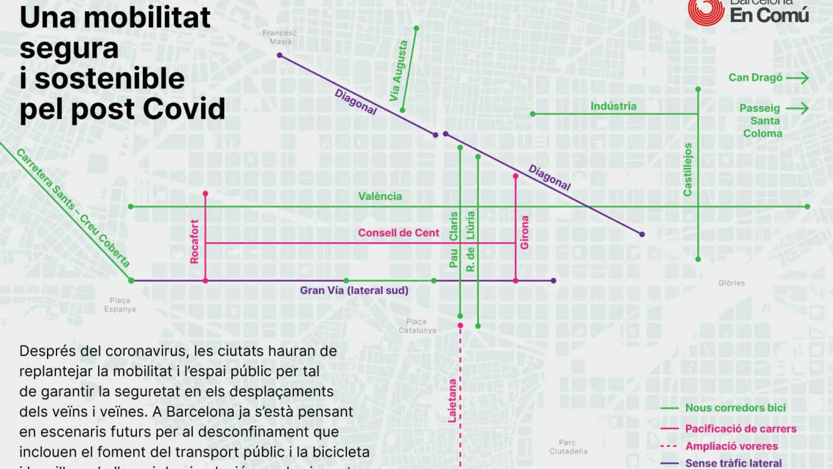 El mapa con los cambios de movilidad en Barcelona con el logo de BeC/ BARCELONA EN COMÚ