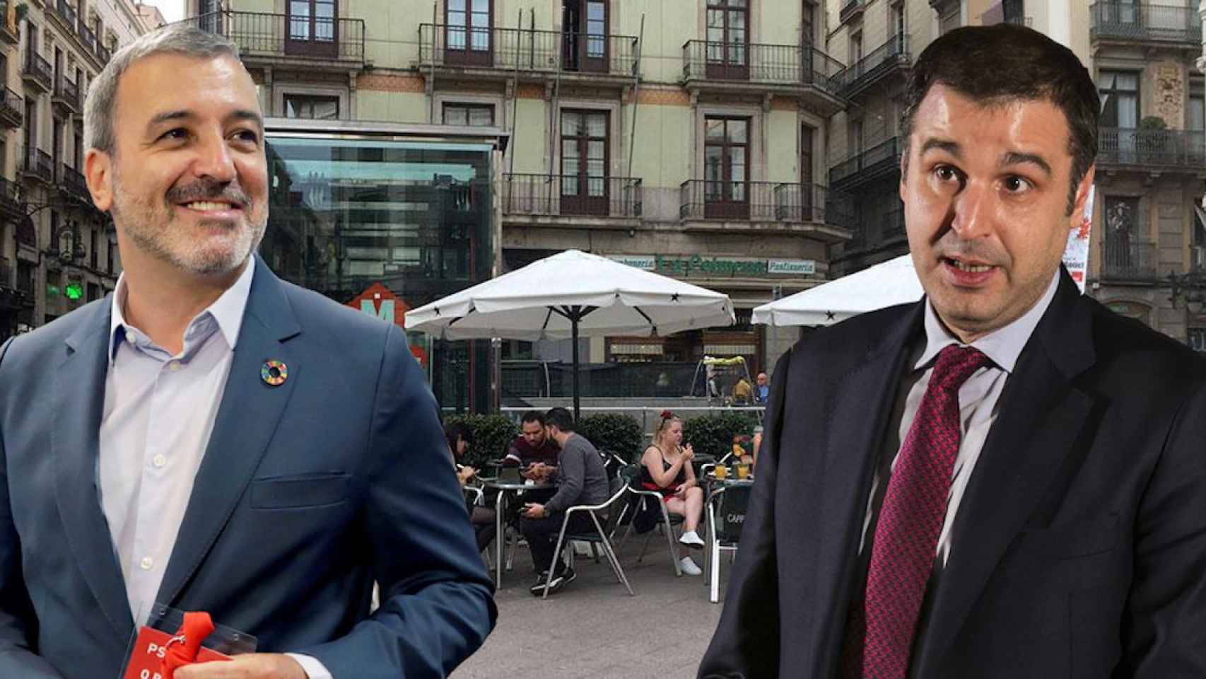 El primer teniente de alcalde, Jaume Collboni, y el director del Gremi de Restauració, Roger Pallarols, en un fotomontaje / METRÓPOLI ABIERTA