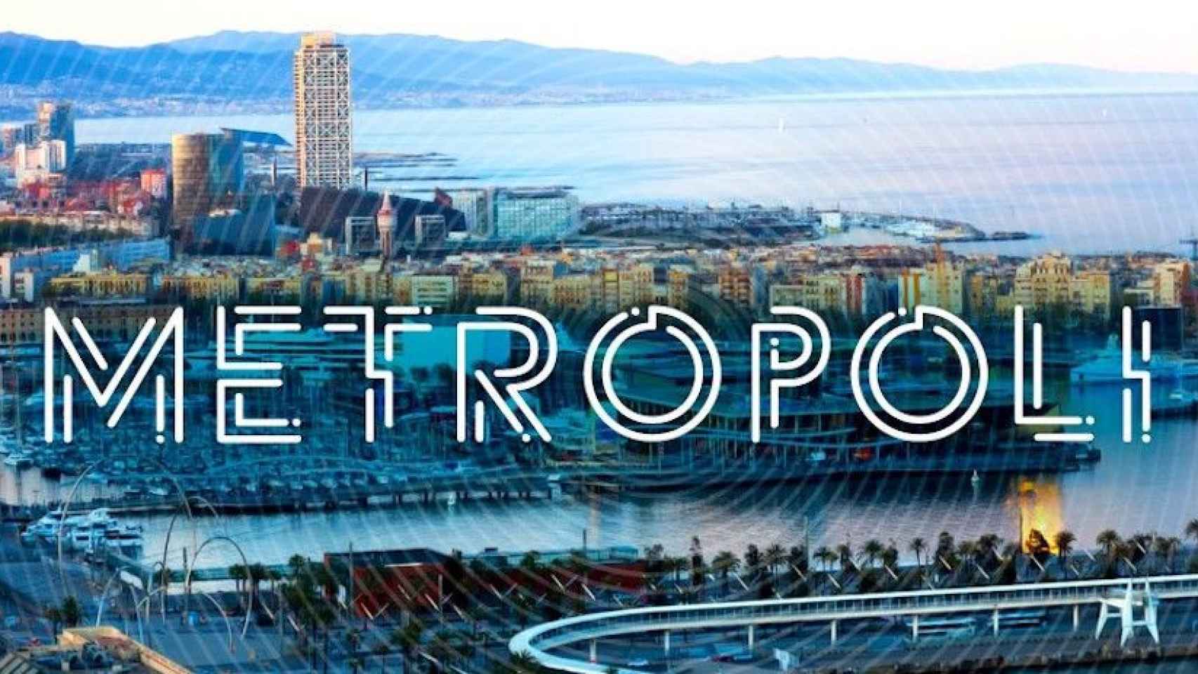 Imagen panorámica de Barcelona con el logo de Metrópoli Abierta