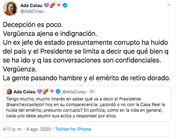Tuit de Ada Colau sobre el Rey emérito / TWITTER ADA COLAU
