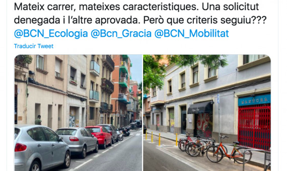 Tweet de la asociación de bares denunciando el criterio del Ayuntamiento para otorgar terrazas