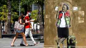 Unos jóvenes pasan ante un mural pintado por el artista urbano Tvboy titulado Viajando como un Rey / EFE
