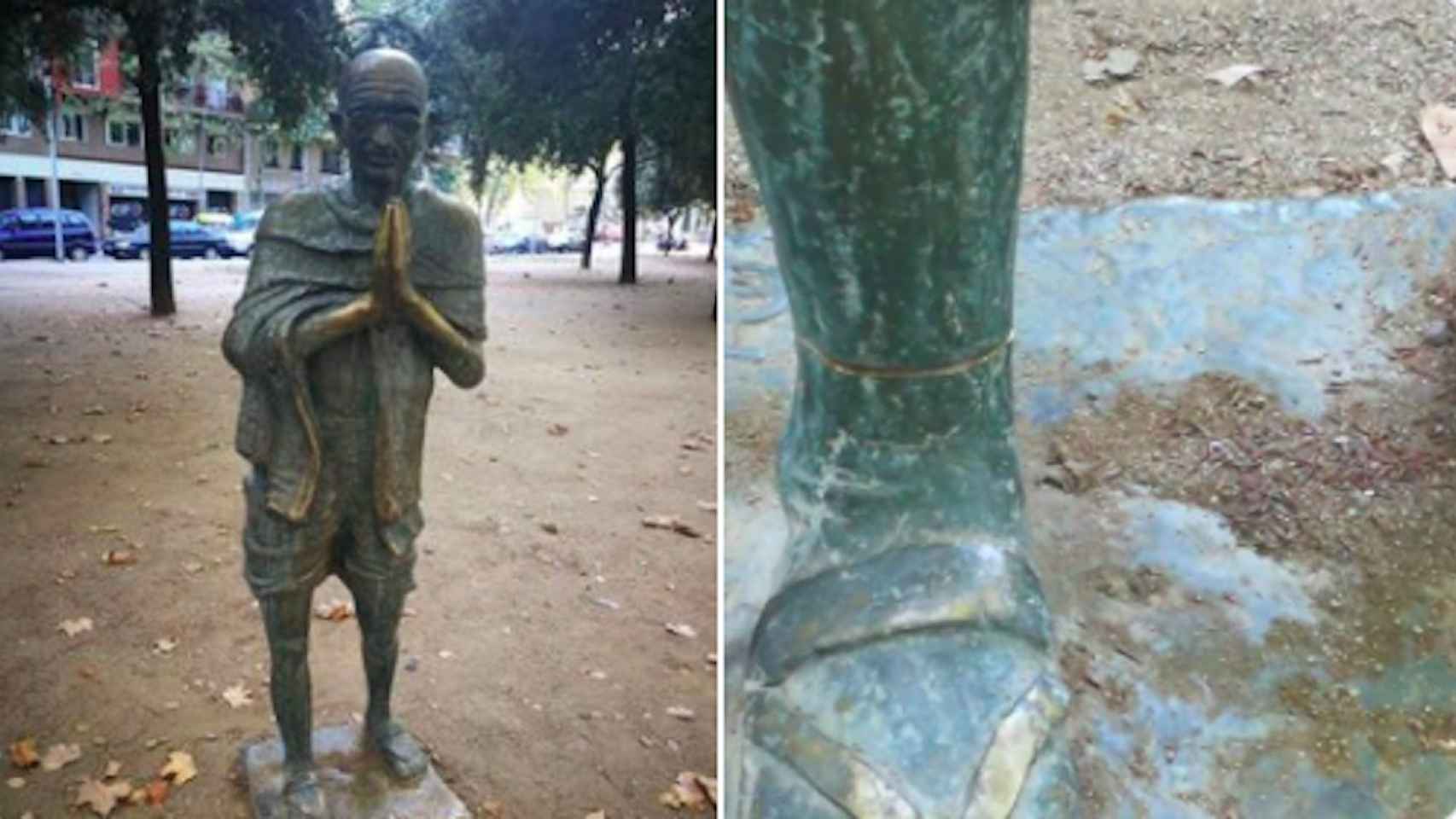 Estatua de Gandhi con los desperfectos
