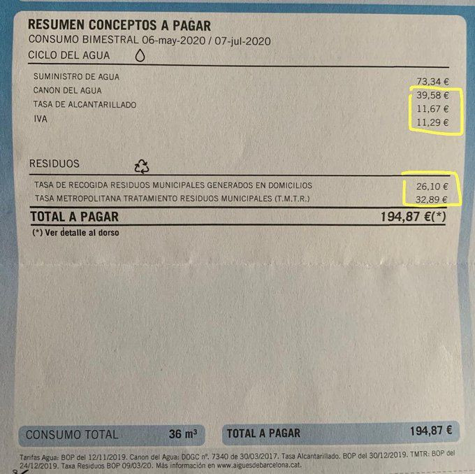 Una factura del agua con la nueva tasa de Colau, en este caso de 26,10 euros / TWITTER ÓSCAR RAMÍREZ